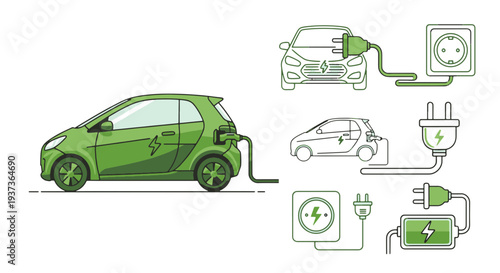 Electric Vehicle Charging System with a Small Green Car Connected to a Wall Outlet and Battery Icons