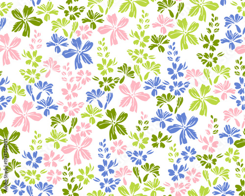 Easter forget-me-not flowers endless ornament vector illustration. Millefleurs vintage motif. Country-style gift wrap print with flower racemes. Buttercups bloom summer print.