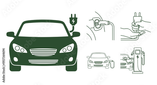 Electric Car Charging Infrastructure and Vehicle Icons Representing Sustainable Energy Solutions