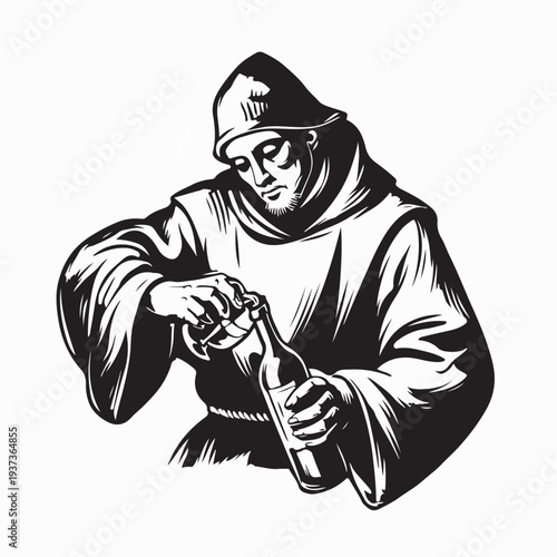 Medieval Monastic Wine Pouring Vector Illustration On White Background