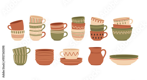 Numerous ceramic mugs, stacked bowls, a pitcher, and plates with diverse patterns and earthy color palettes are neatly arranged in distinct groups on a clean white surface.