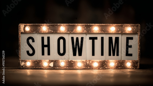 Retro lightbox cinema sign showtime text vintage marquee glowing bulb theater ambiance night mood warm light film theme entertainment concept Retro lightbox cinema sign showtime text vintage
