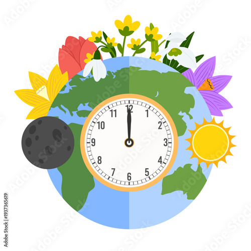 Spring equinox day with earth, flower primroses, clock for seasonal change celebration illustration concept.