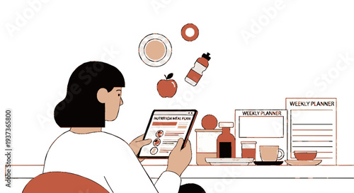 Woman planning healthy meals with digital tablet and nutrition guides on desk