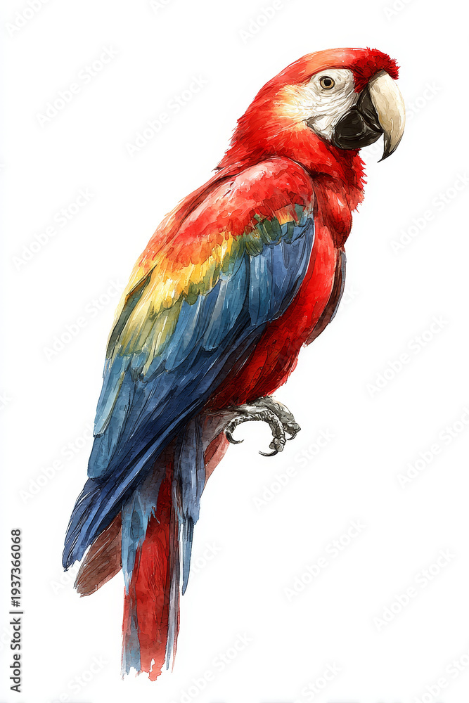 Obraz premium Colorful parrot macaw watercolor red blue yellow tropical bird illustration exotic Colorful parrot macaw watercolor red blue yellow tropical bird illustration exotic artwork white background with
