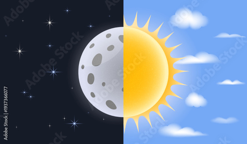 Day and night concept illustration with half sun and moon symbols. Equinox spring or autumn, earth seasons, and seasonal change weather background