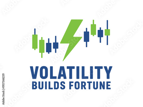 Volatility Builds Fortune Stock Market Trading Logo with Green Lightning Bolt and Candlestick Charts
