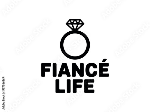 Black and White Engagement Ring Logo with Fiance Life Text on Plain Background