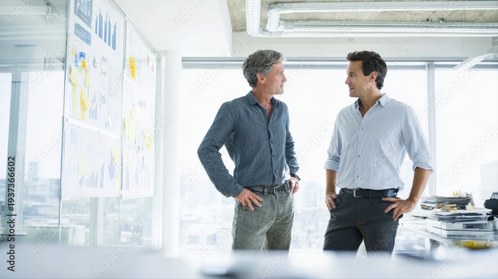 Fototapeta premium Two businessmen discuss strategy in modern office, reviewing charts and graphs in a collaborative environment