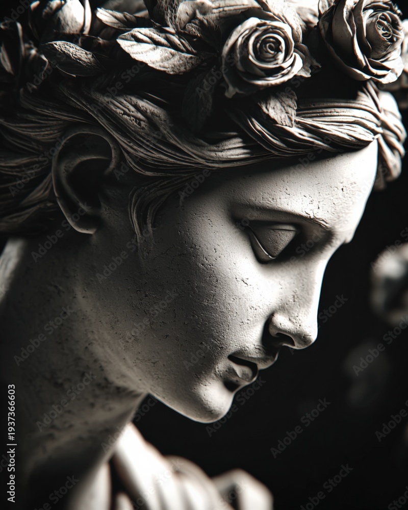 Fototapeta premium Elegant Marble Sculpture of a Woman with Floral Crown in Deep Contemplation, Evoking Classical Beauty