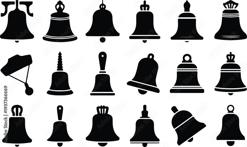 Obraz premium Bell Collection Silhouette Icon Set Classic Bell Typography Silhouette Icon Pack