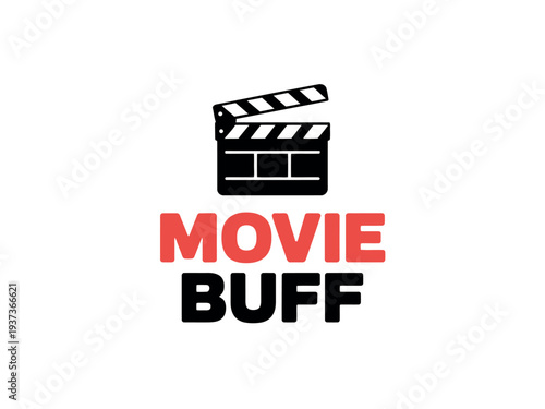 Movie Buff Logo with Clapper Board Icon and Red Black Text on White Background Design