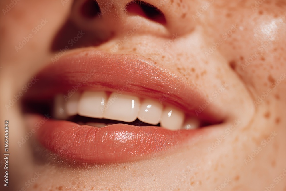 Obraz premium Close-up Portrait of a Woman's Smiling Mouth with Freckles, showcasing Natural Beauty and Healthy White Teeth