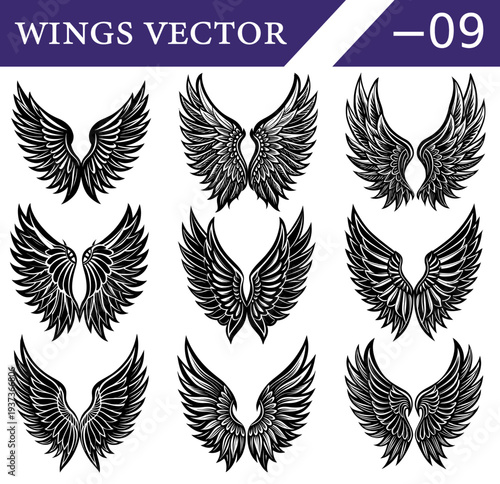 A compilation of nine unique black and white depicting various styles of feathered angel wings and stylized wings, organized in a three by three grid for applications Keywords: wings, angel wings