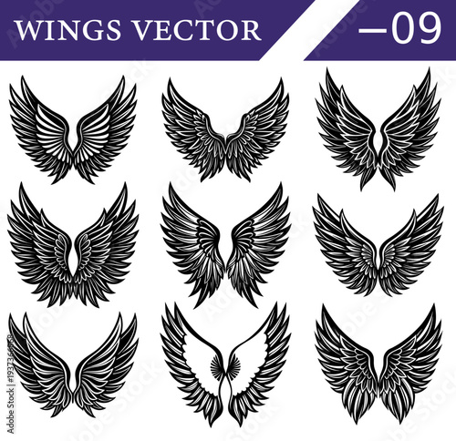 Nine distinct black and white of feathered wings in various symmetrical arrangements and styles emblems and Keywords: wings, black, white, feathered, emblem, symbol, angel, bird, eagle, falcon