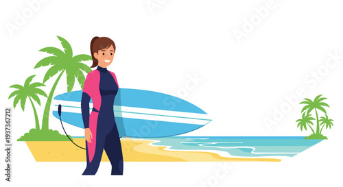 A smiling woman in a pink and blue wetsuit walks, carrying a light blue surfboard under her arm, against a tropical beach scene with palm trees and ocean.