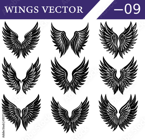 Collection of nine distinct black and white of feathered wings in various symmetrical arrangements showcasing detailed feather textures and curves and emblems