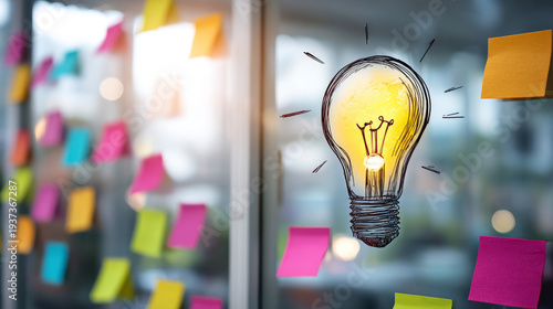 Idea creativity innovation brainstorm sticky note light bulb inspiration planning startup business concept Creative idea light bulb drawing with glowing filament glass wall covered colorful sticky