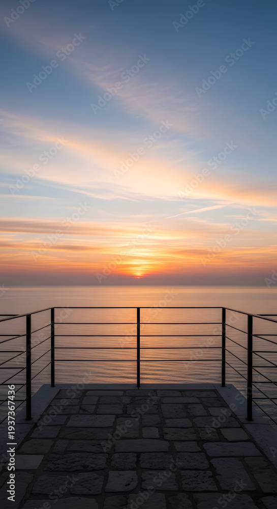 Fototapeta premium Serene sunset over the calm ocean viewed from a stone paved promenade with a metal railing creating a peaceful and picturesque coastal vista