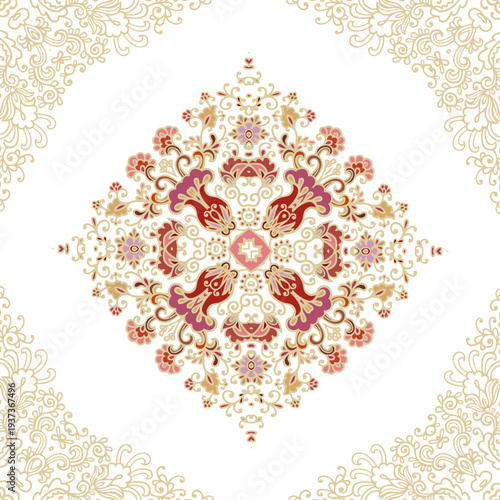 Golden decorative rosette - mandala with floral motif, on white background