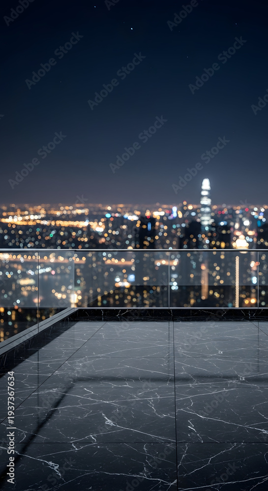 Fototapeta premium Panoramic view of a sprawling city skyline at night from a high vantage point on a rooftop terrace with glass railings