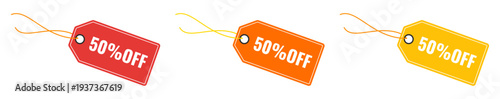 Collection of red, orange, and yellow hanging price tags for 50 percent off retail sale promotion