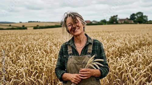 Happy female farmer in work clothes standing in golden wheat field, smiling while holding harvested wheat crop