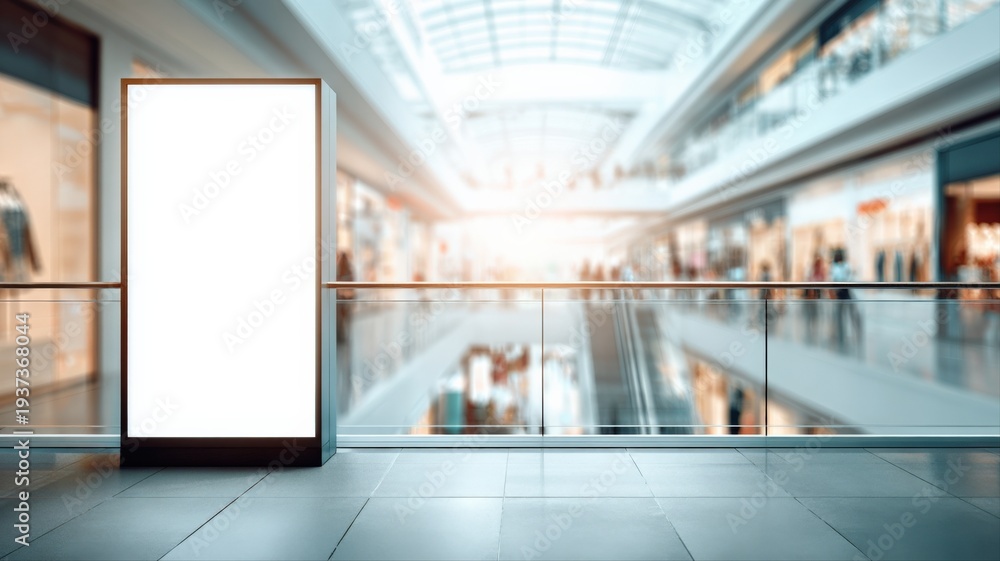 Obraz premium Blank Advertisement Billboard Mockup in Modern Shopping Mall, Ideal for Marketing and Promotion Campaigns