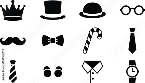 fashion, accessories, gentleman, style, crown, hat, glasses, mustache, tie, bow tie, watch, shirt, clothing, vintage, classic, men fashion, accessories icons, stylish