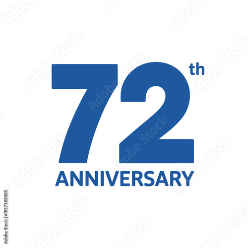 The number 72 is displayed with the word ANNIVERSARY in blue on a white background.
