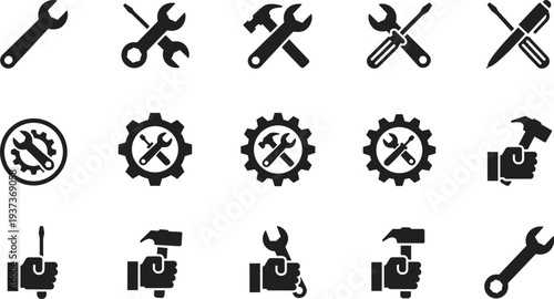 repair tools icon set, wrench screwdriver hammer gear symbols, maintenance service engineering toolkit silhouette collection for construction mechanic support industry