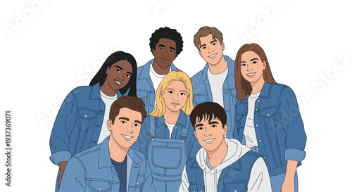 A close-knit group of seven smiling young adults, showcasing diverse ethnicities and all wearing denim jackets and jeans, is arranged in a semi-circle against a white background.