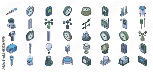 Collection of isometric weather and scientific measurement instruments on a white background