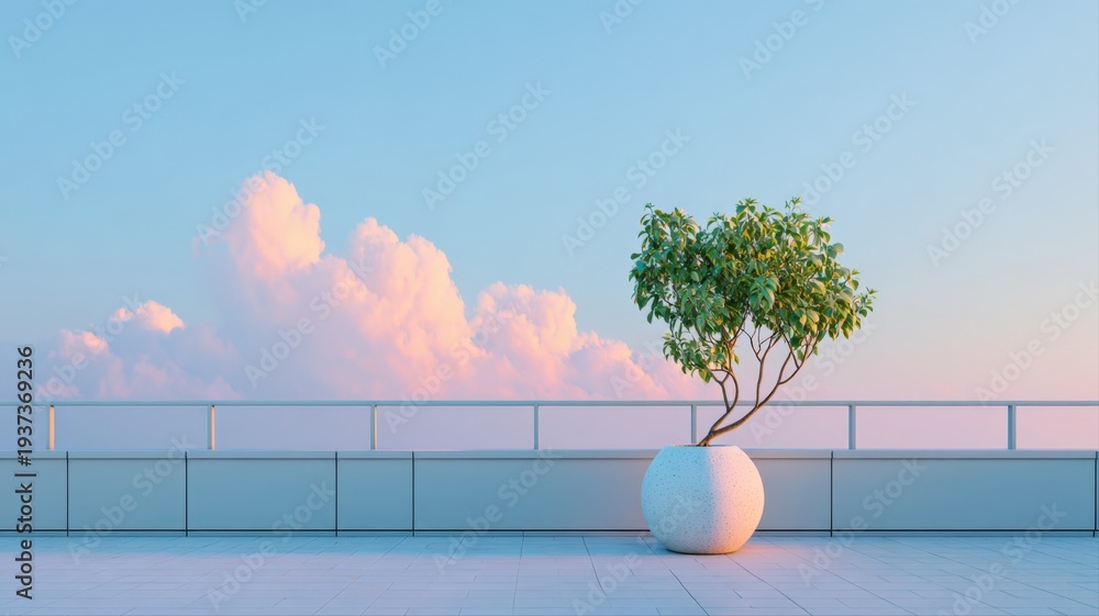 Fototapeta premium Serene Potted Tree Against a Pastel Sky: Minimalist Tranquility for Modern Design and Urban Oasis Concepts