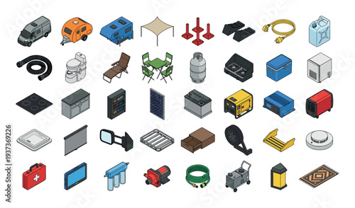 Isometric collection of recreational vehicle and camping equipment and accessories