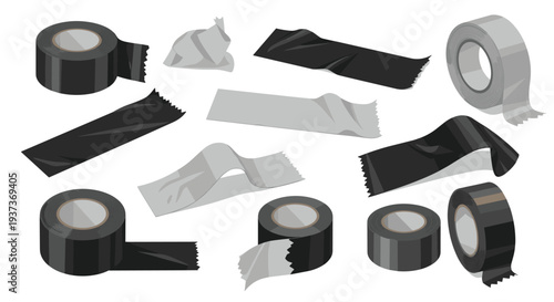 A varied collection of black and grey adhesive tape rolls and torn strips are scattered across a clean white background.