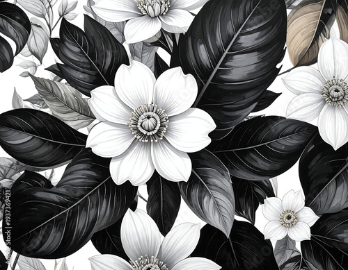 Monochromatic floral pattern with intricate flower and leaf details; elegant, delicate, and visually engaging