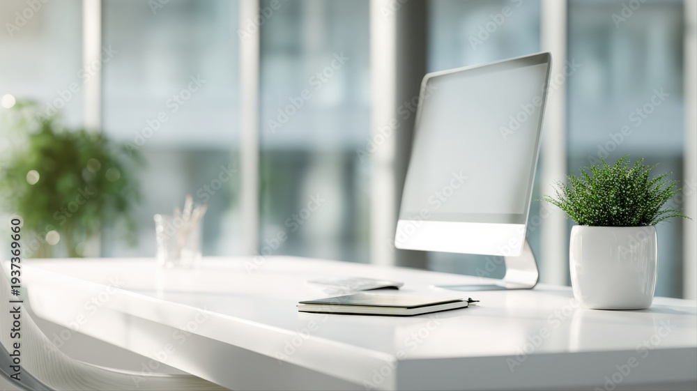 custom made wallpaper toronto digitalModern Workplace Computer Setup Featuring Clean Desk, Plants, and Natural Light for Productivity and Success