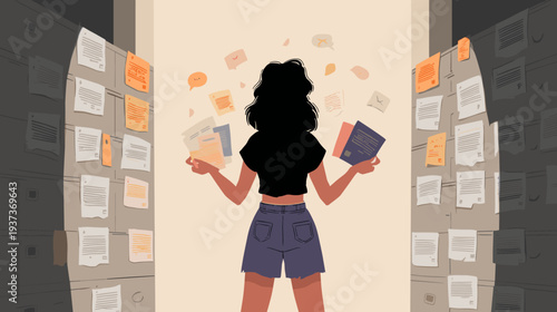Woman overwhelmed by documents and information, surrounded by filing cabinets and floating papers