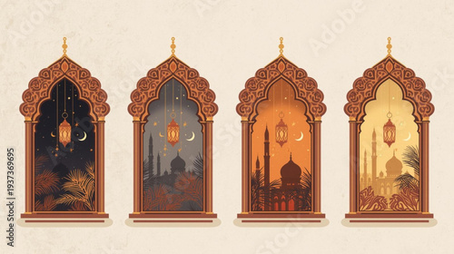Collection of oriental style Islamic arches and windows, moon, mosque, lanterns. Ramadan Kareem card, poster, holiday cover set.