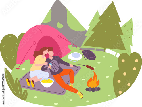 Camping tent scene with happy man and woman together