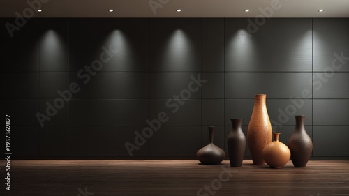 Wallpaper Mural Modern Interior Scene with Vases on Wooden Floor against Dark Textured Wall under Spotlights, Ideal for Mockups Torontodigital.ca
