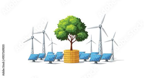 A large green tree grows from a stack of gold coins, surrounded by multiple wind turbines and solar panels on a white background.