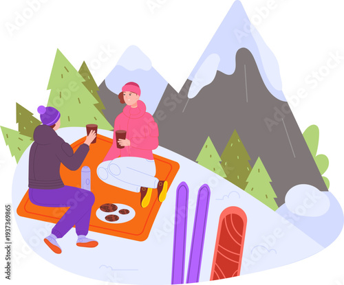 Winter mountain picnic. Cold season outdoor activity