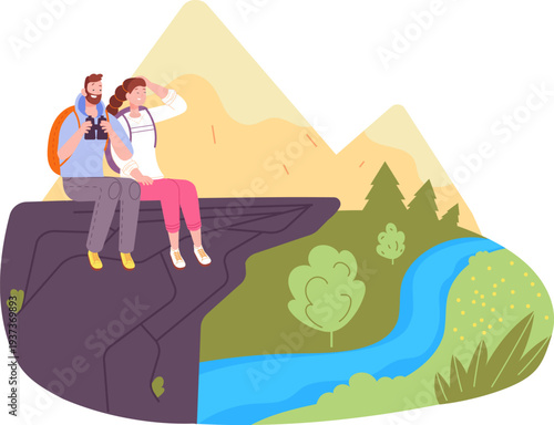 Happy couple sit on mountain cliff. Outdoor trip adventure