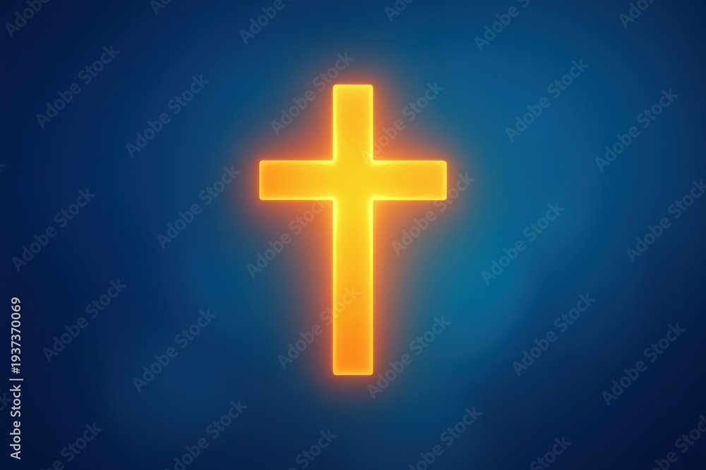 Obraz premium Glowing Christian Cross Symbol Against Deep Blue Background Depicting Faith, Religion and Spirituality
