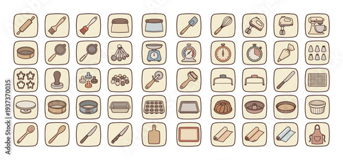 Collection of baking tools and utensils illustrated in a simple, charming cartoon style