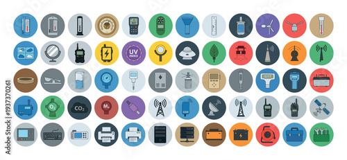 Collection of scientific and electronic measurement devices and tools in circular icons