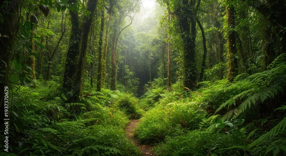 Obraz premium Lush green forest path sunlight through trees