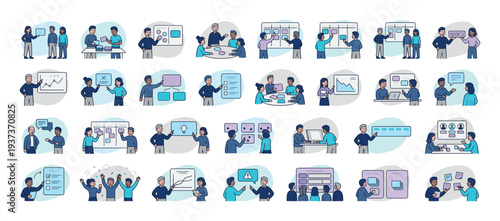 Diverse team collaborating on projects and presenting ideas in a modern office setting